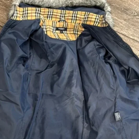 Authentic Burberry Navy Jacket with Faux Fur Hood